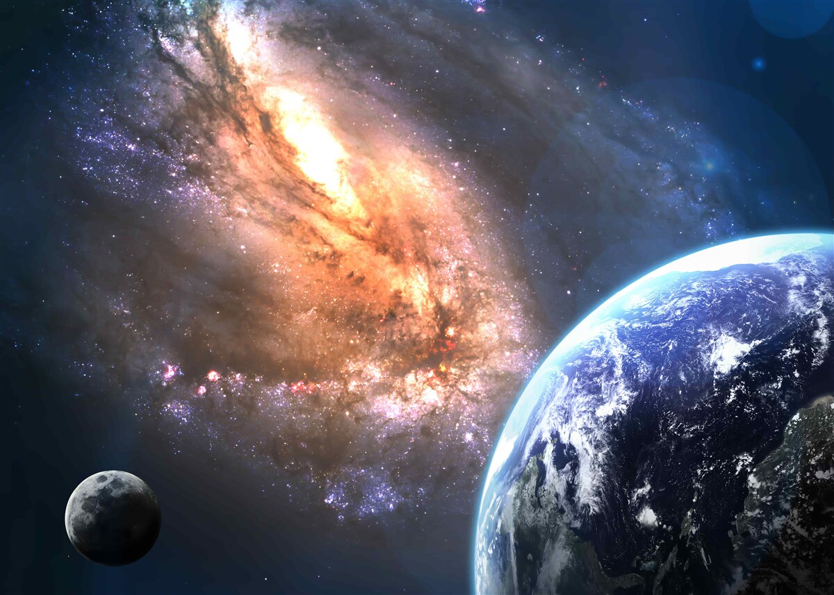 Papier peint une planète, un satellite et une galaxie nouvellement découverte