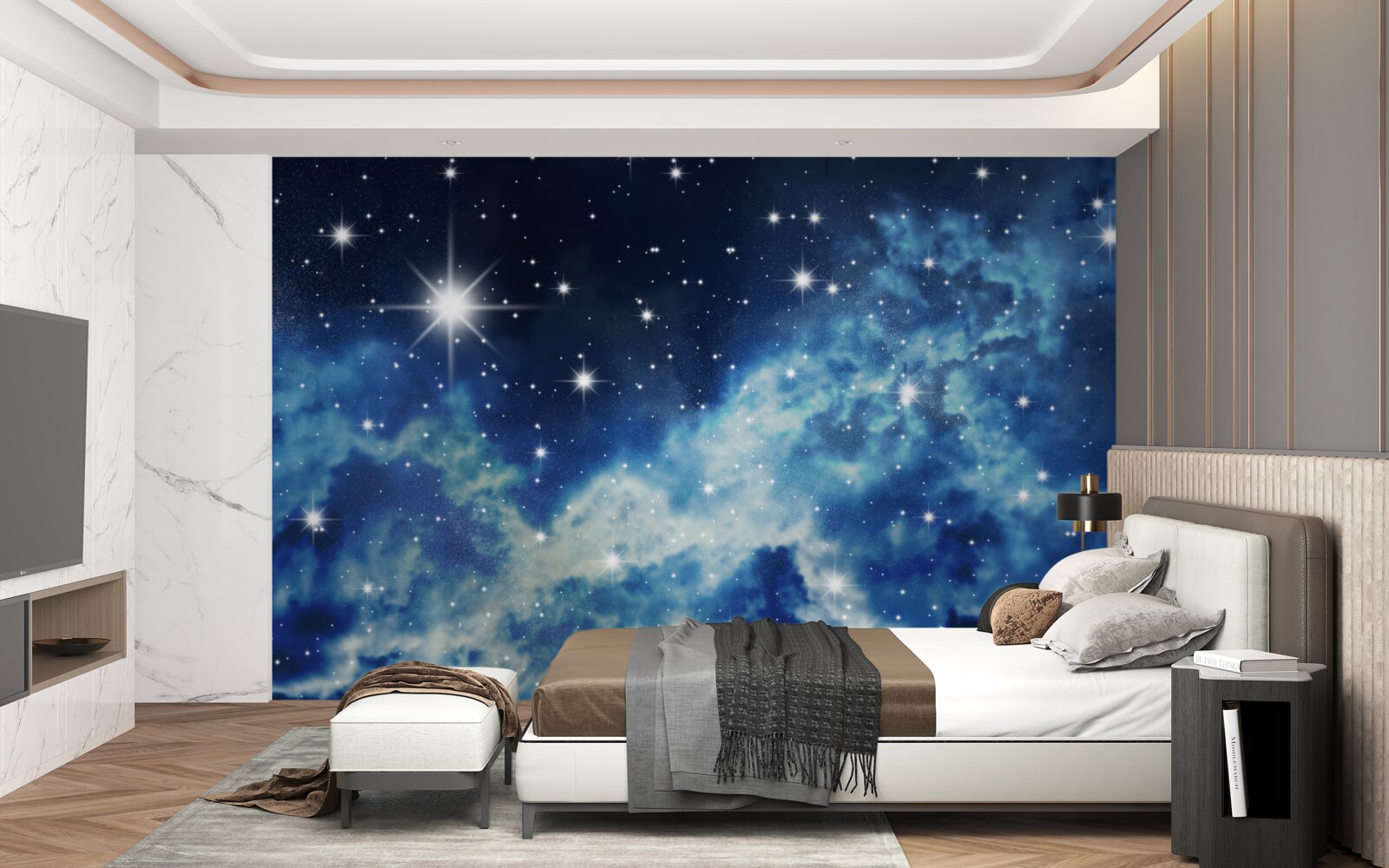 Papier peint ciel bleu parsemé d'étoiles