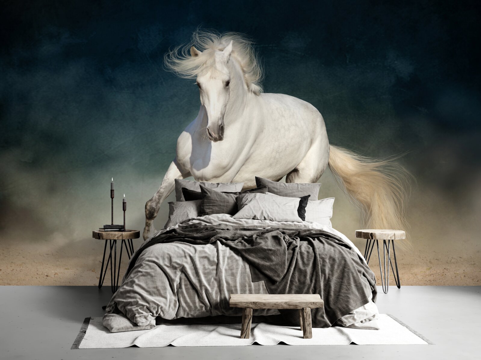 Papier peint un cheval blanc galope dans un champ ouvert