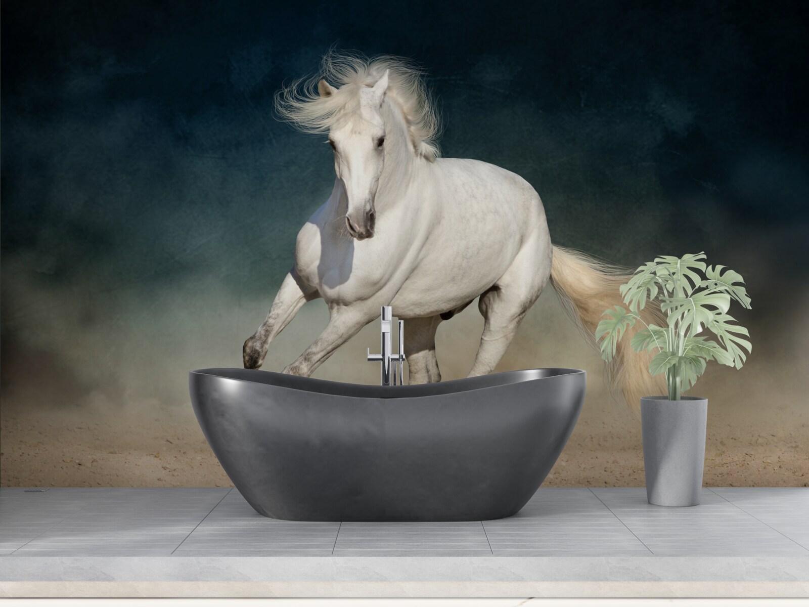 Papier peint un cheval blanc galope dans un champ ouvert