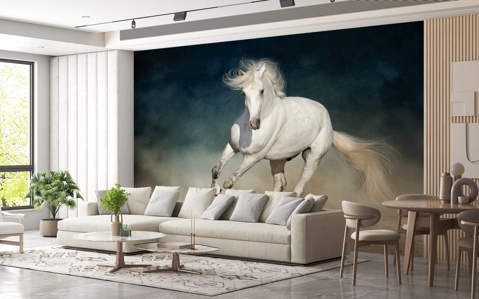 Papier peint un cheval blanc galope dans un champ ouvert