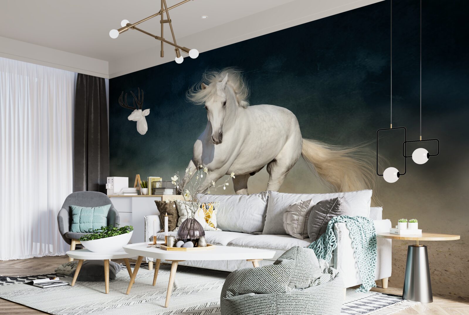 Papier peint un cheval blanc galope dans un champ ouvert