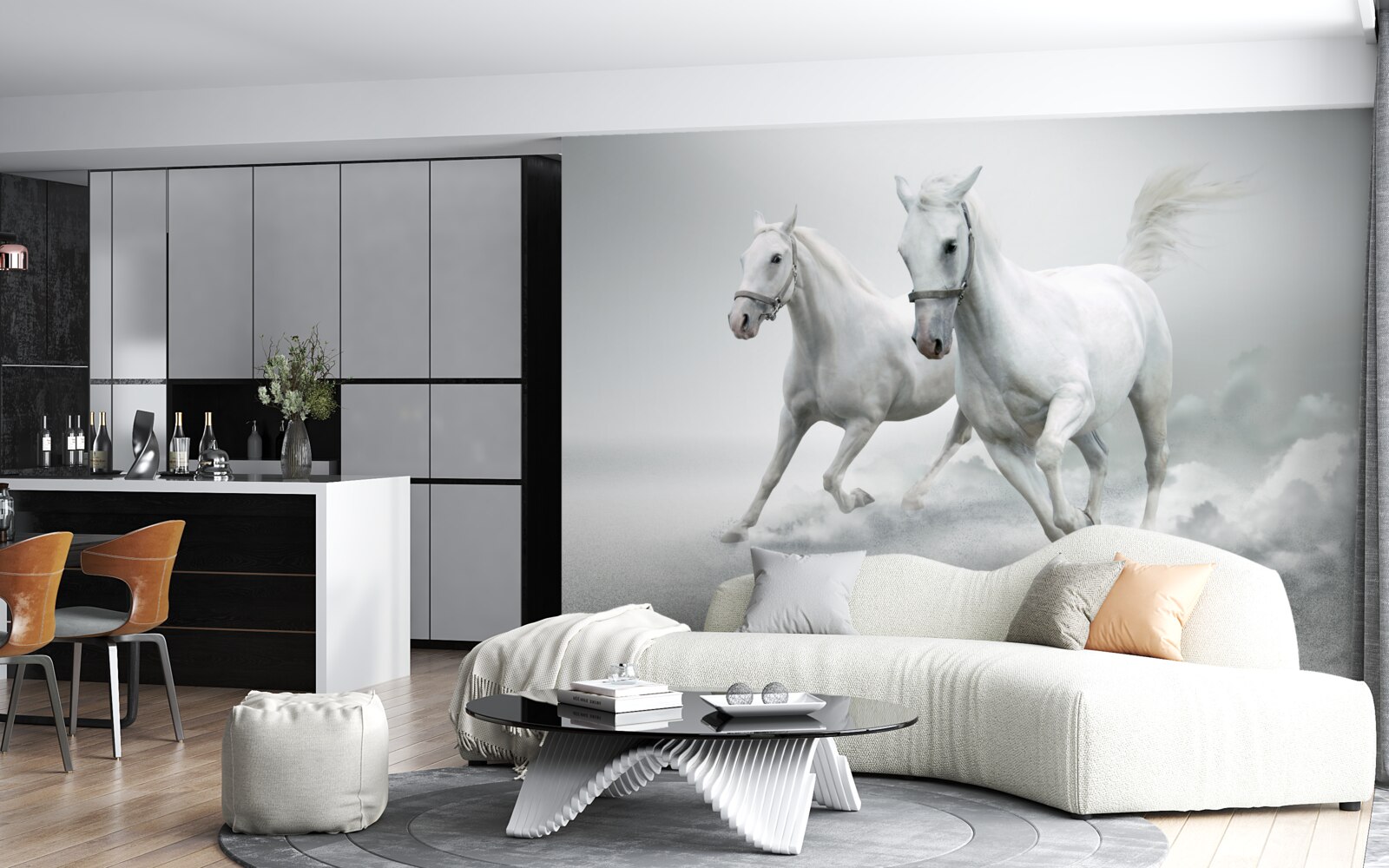 Papier peint deux étalons blancs comme neige courent sur la surface sablonneuse et lumineuse