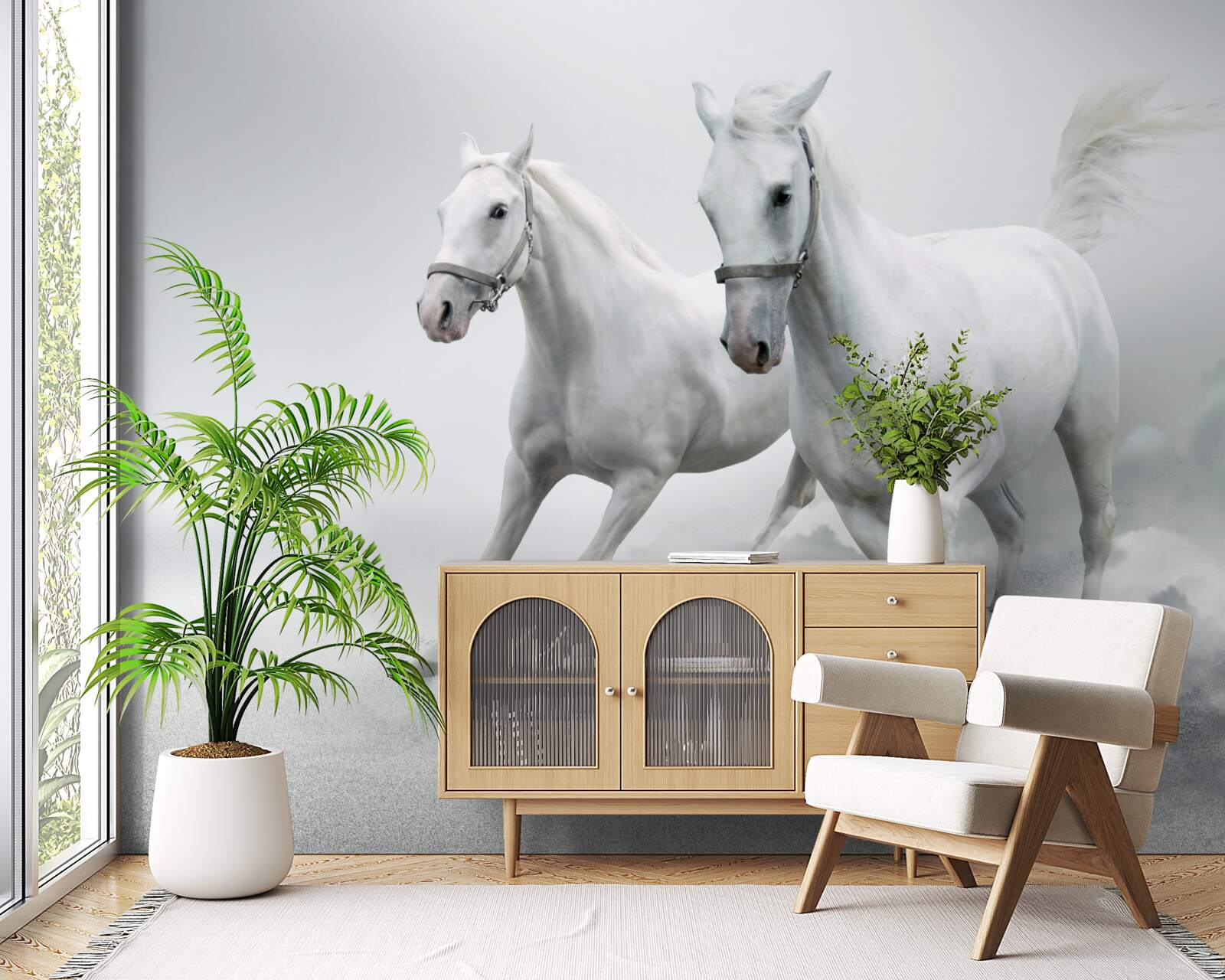 Papier peint deux étalons blancs comme neige courent sur la surface sablonneuse et lumineuse