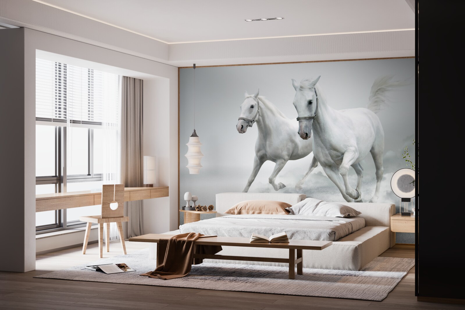 Papier peint deux étalons blancs comme neige courent sur la surface sablonneuse et lumineuse