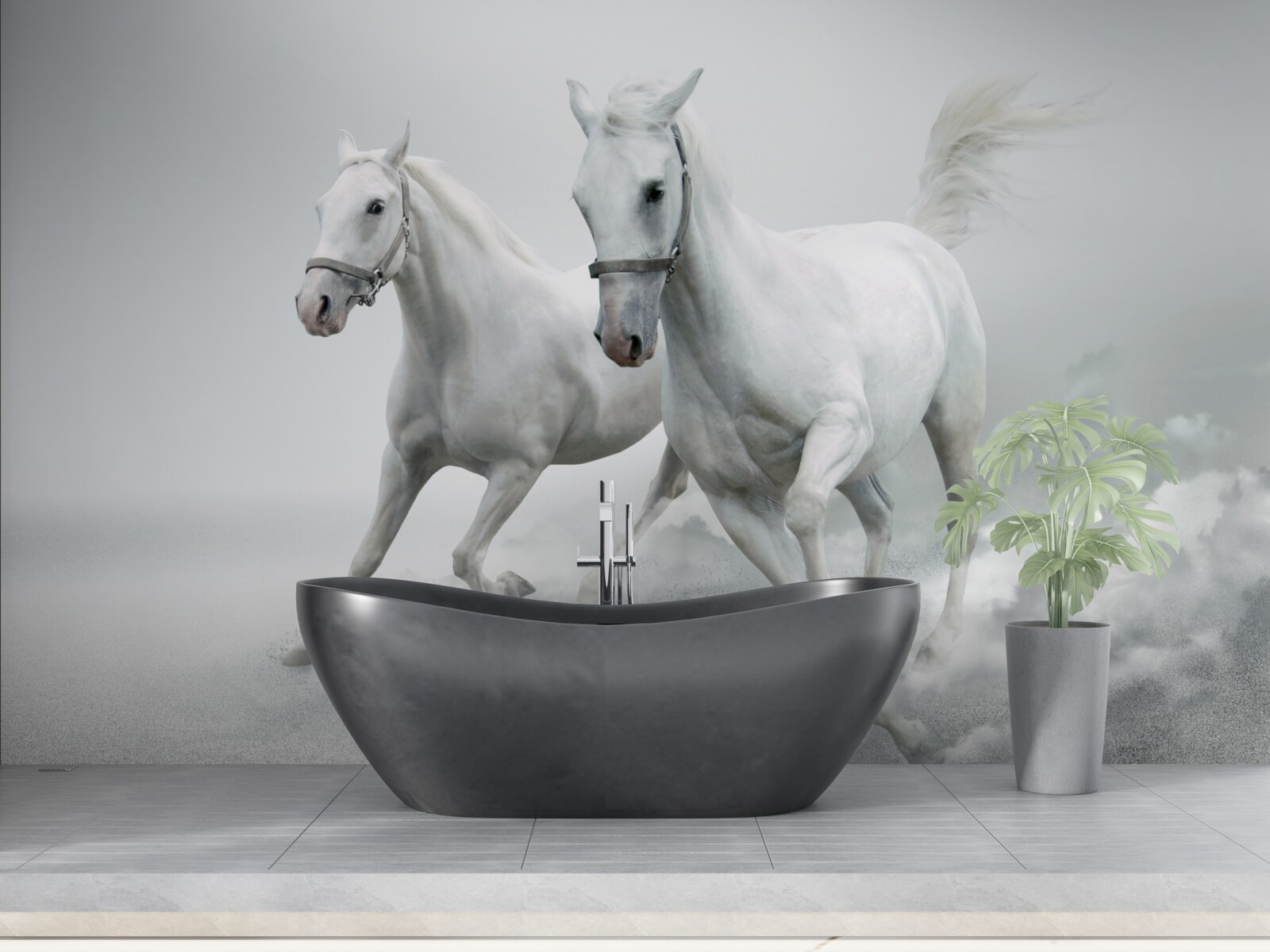 Papier peint deux étalons blancs comme neige courent sur la surface sablonneuse et lumineuse