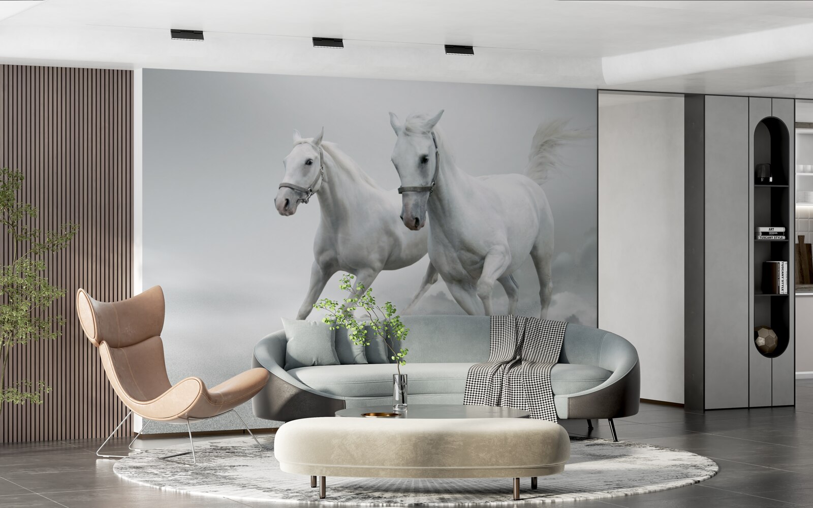 Papier peint deux étalons blancs comme neige courent sur la surface sablonneuse et lumineuse