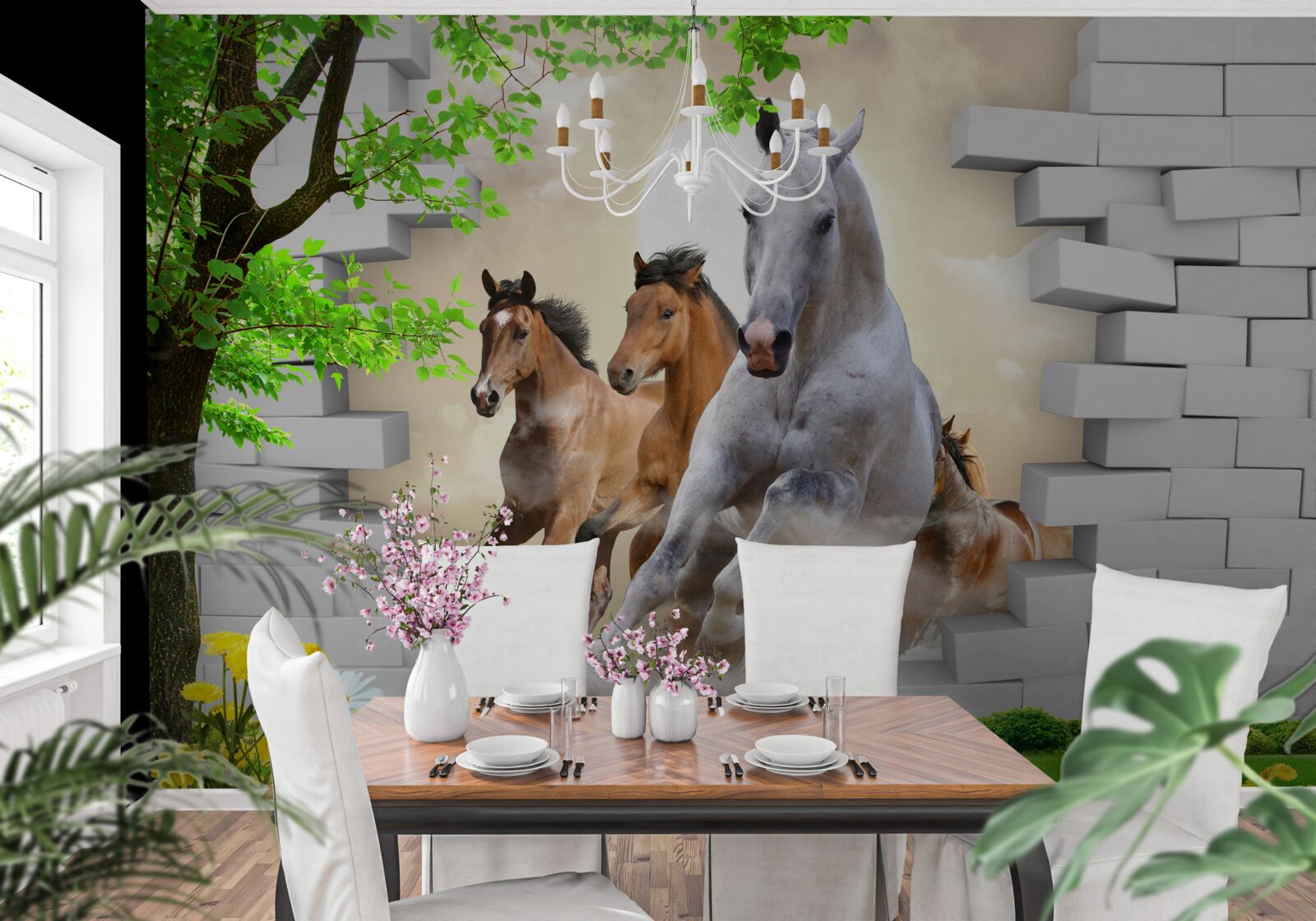 Papier peint plusieurs chevaux détruisent des briques au galop