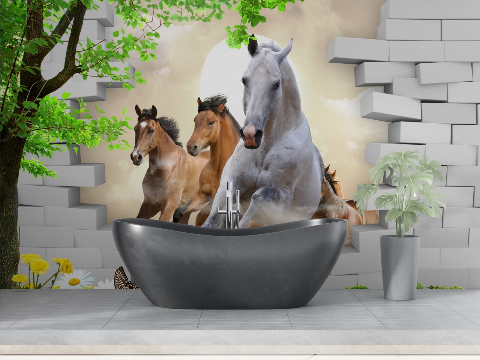 Papier peint plusieurs chevaux détruisent des briques au galop