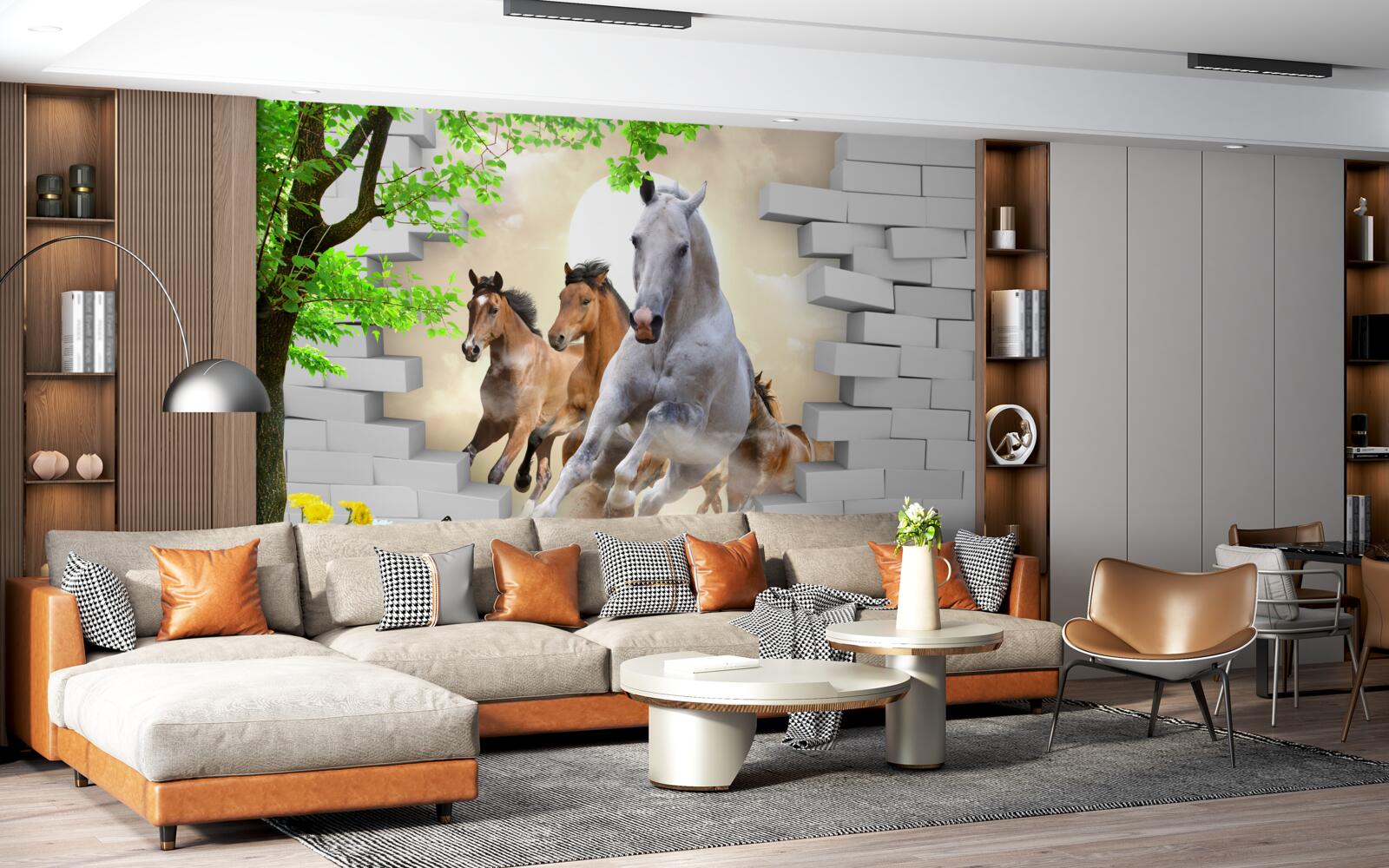 Papier peint plusieurs chevaux détruisent des briques au galop