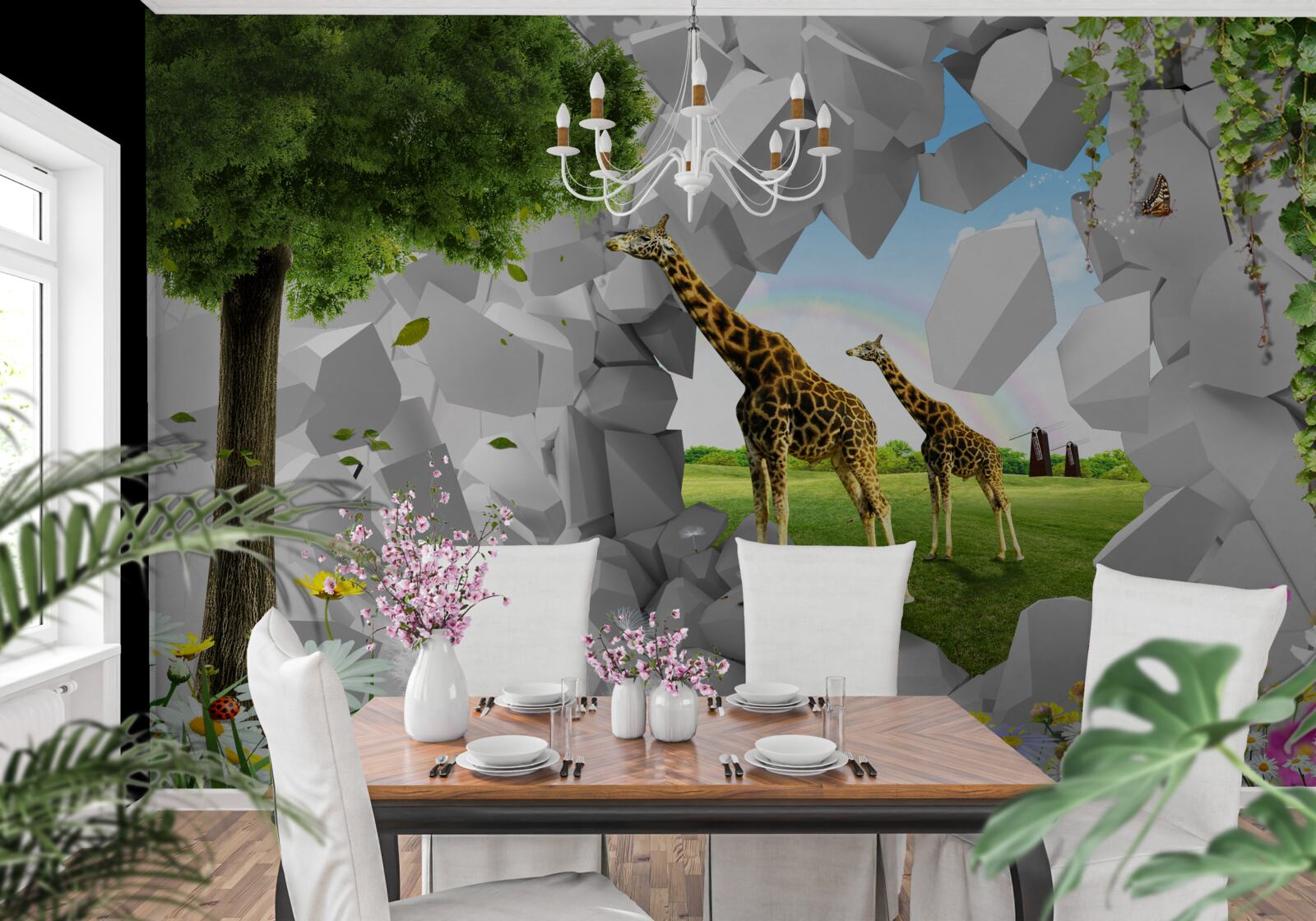 Papier peint dans la nature, les girafes essaient d'atteindre les arbres