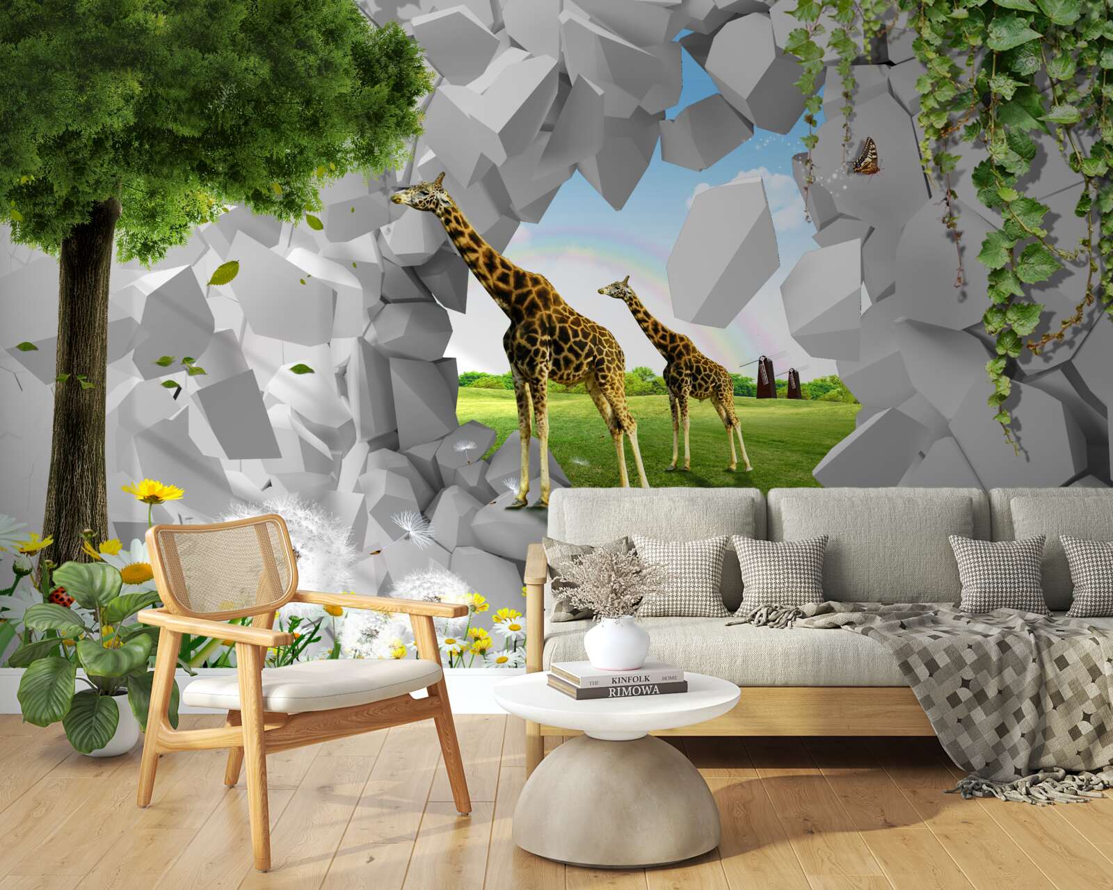 Papier peint dans la nature, les girafes essaient d'atteindre les arbres