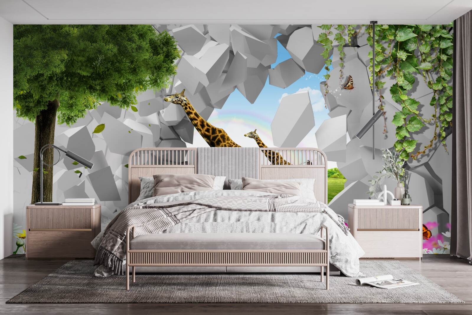 Papier peint dans la nature, les girafes essaient d'atteindre les arbres