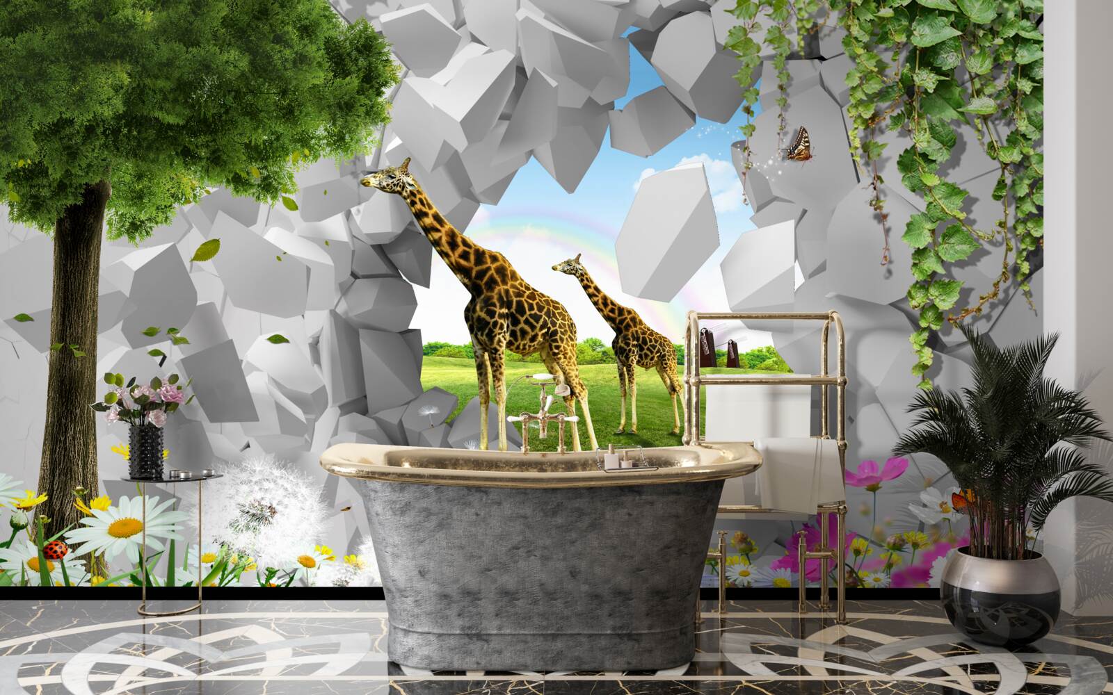 Papier peint dans la nature, les girafes essaient d'atteindre les arbres