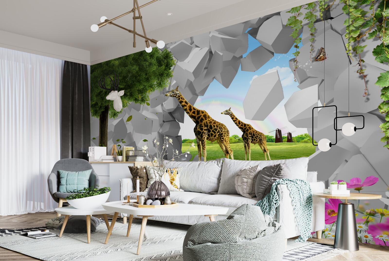 Papier peint dans la nature, les girafes essaient d'atteindre les arbres