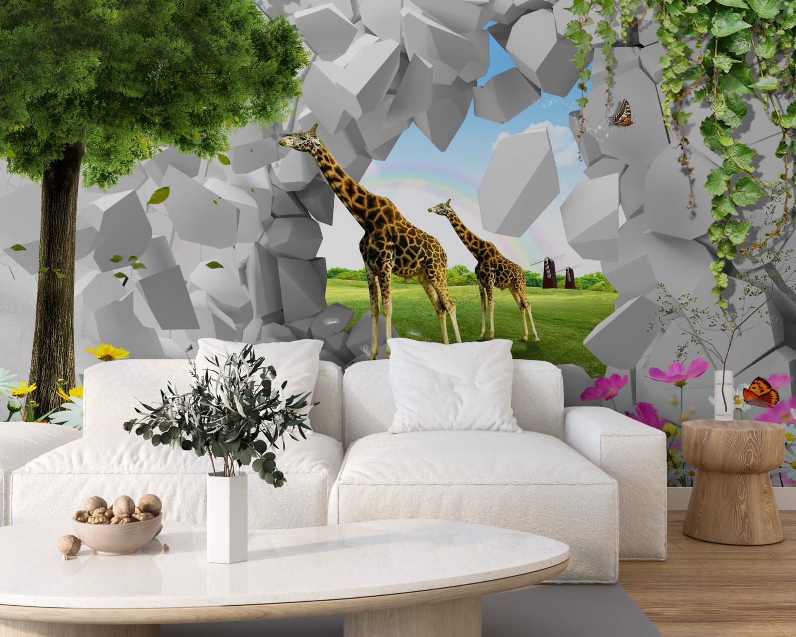 Papier peint dans la nature, les girafes essaient d'atteindre les arbres