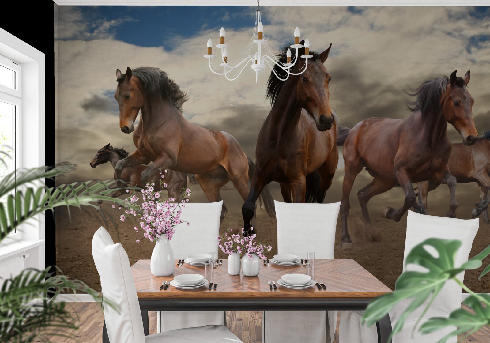 Papier peint un groupe de chevaux bruns s'élançant sur le sol