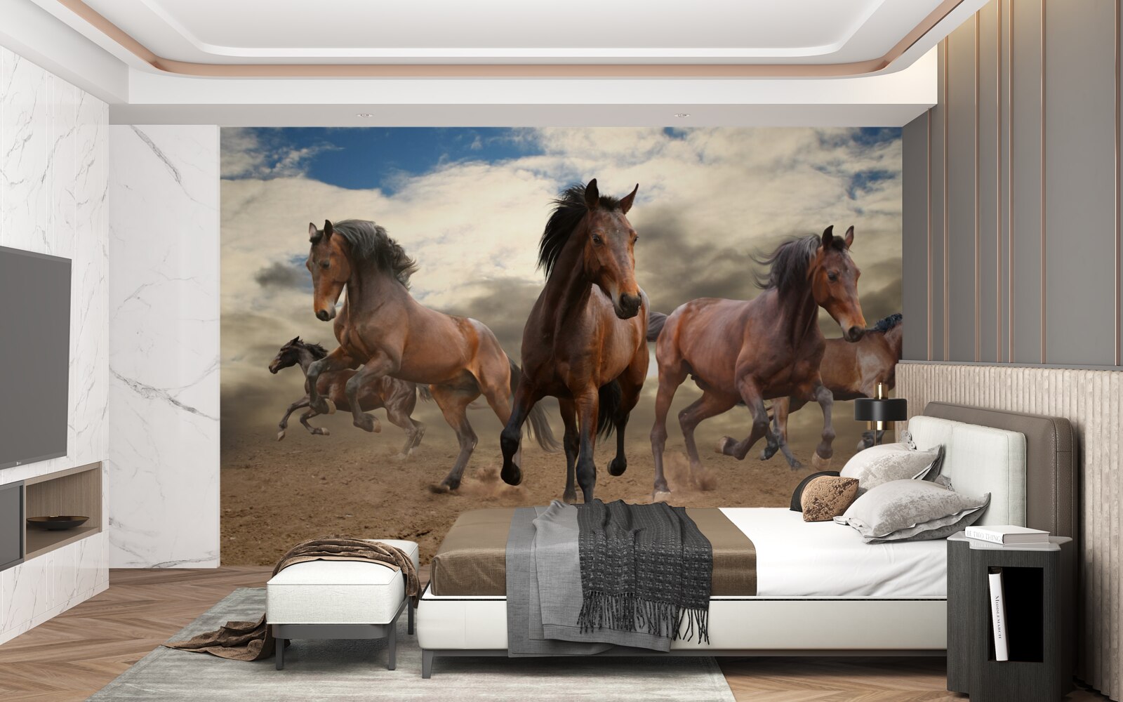 Papier peint un groupe de chevaux bruns s'élançant sur le sol