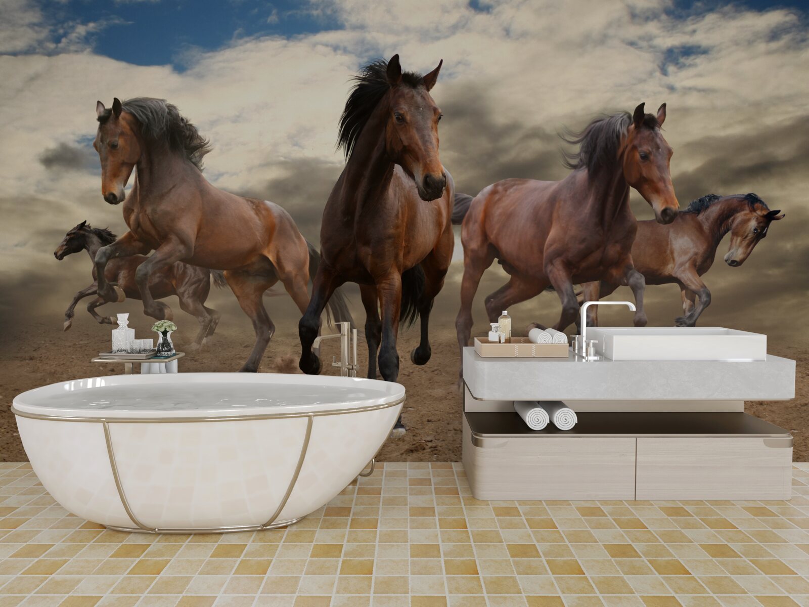 Papier peint un groupe de chevaux bruns s'élançant sur le sol