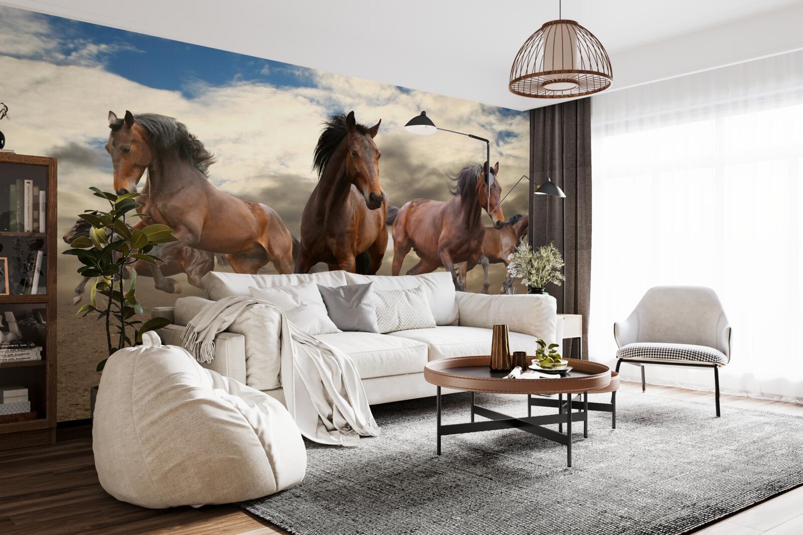 Papier peint un groupe de chevaux bruns s'élançant sur le sol