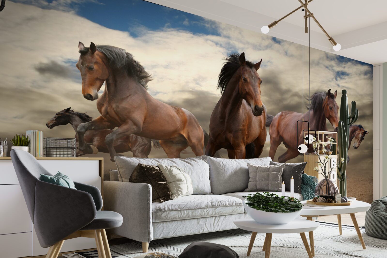 Papier peint un groupe de chevaux bruns s'élançant sur le sol