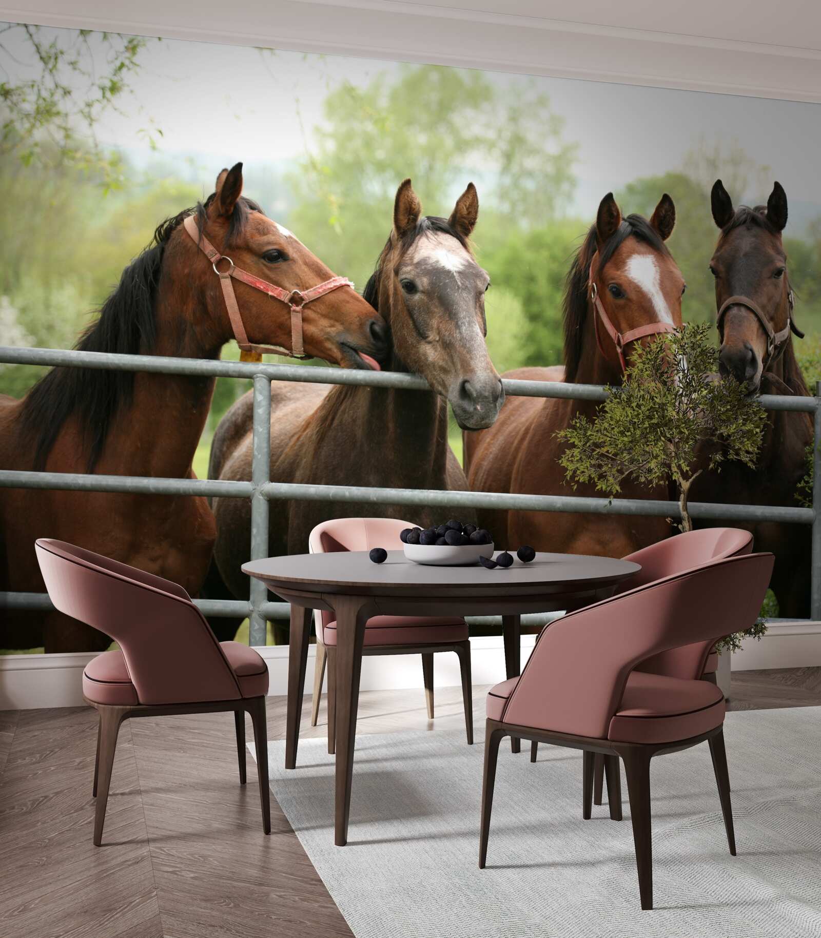 Papier peint il y a quatre chevaux bruns dans l'enclos