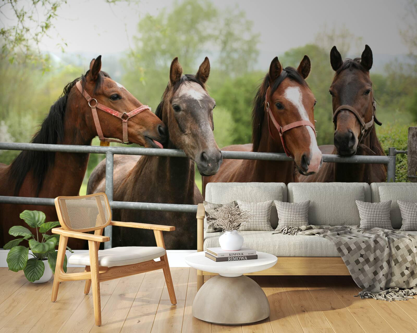 Papier peint il y a quatre chevaux bruns dans l'enclos