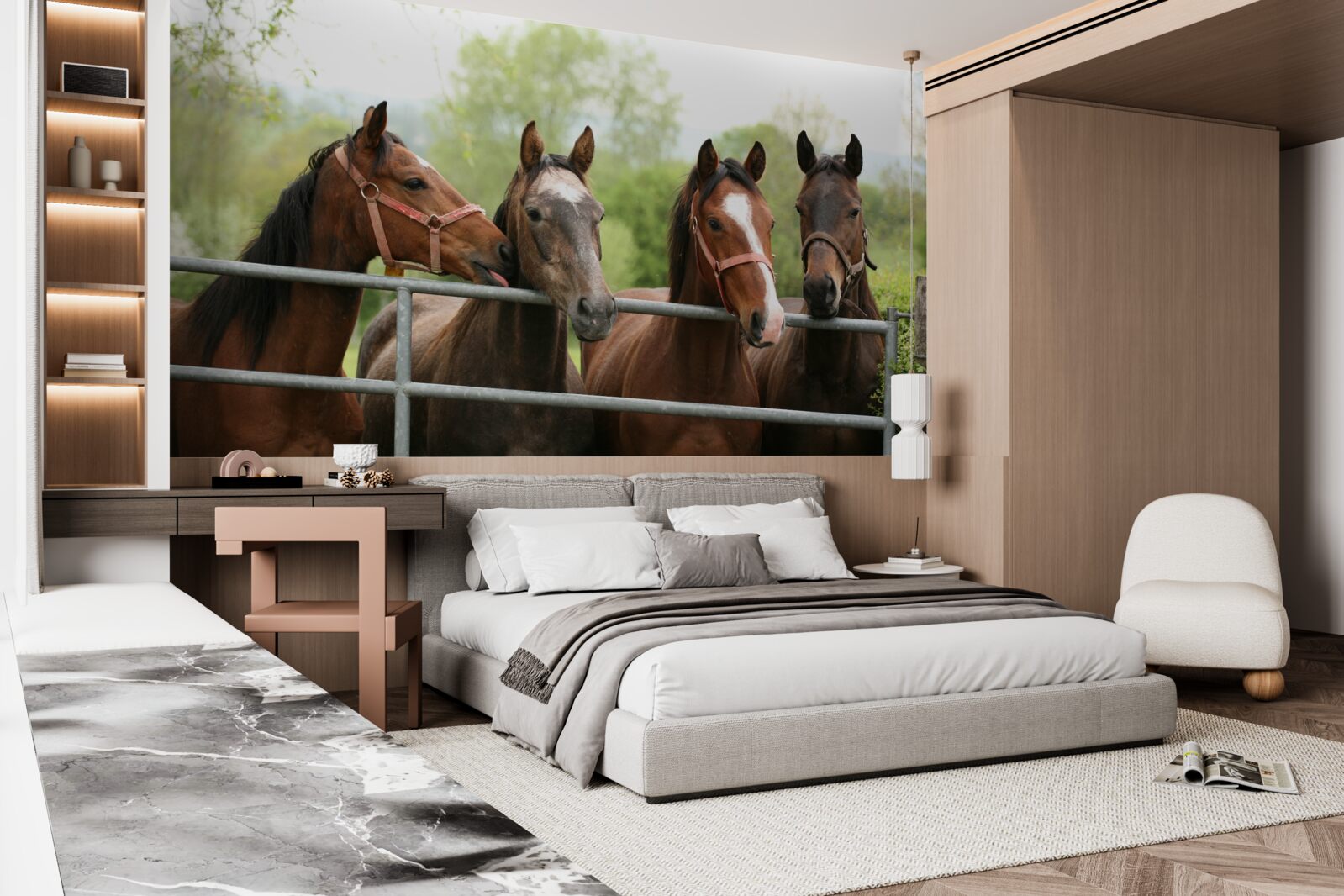 Papier peint il y a quatre chevaux bruns dans l'enclos