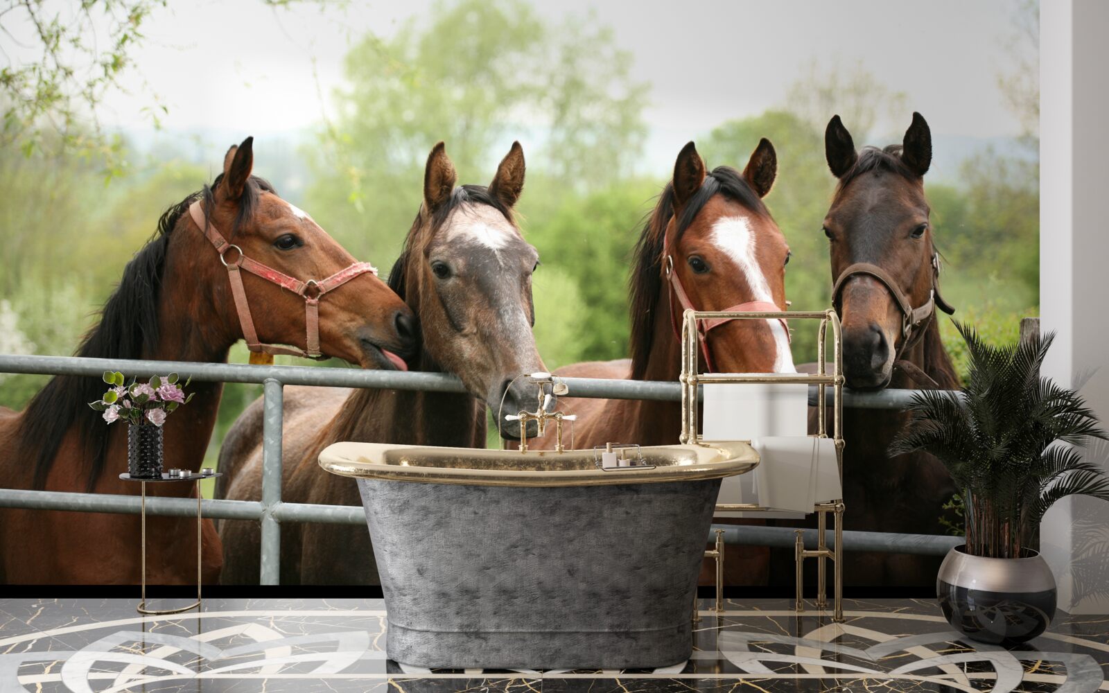 Papier peint il y a quatre chevaux bruns dans l'enclos