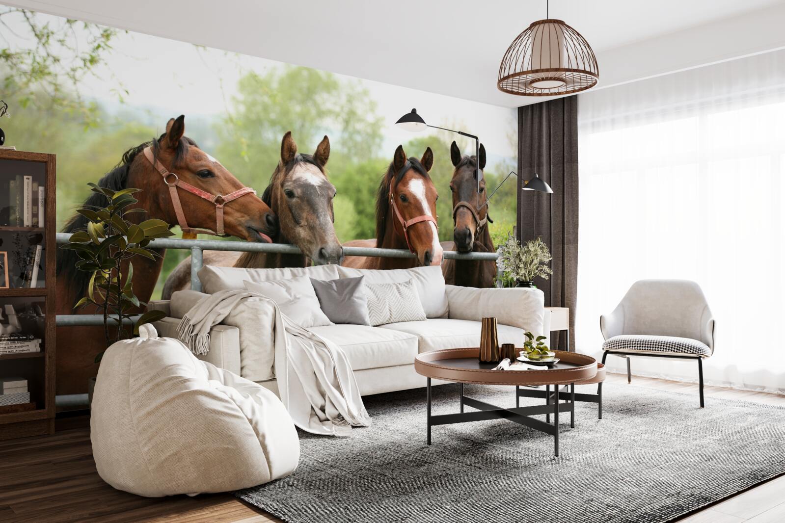 Papier peint il y a quatre chevaux bruns dans l'enclos