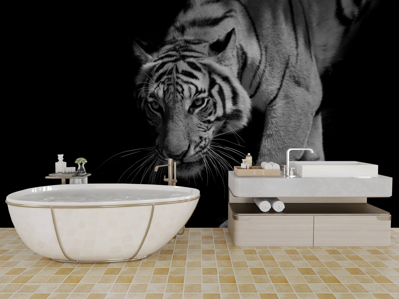 Papier peint tigre rampant sur fond d'obscurité