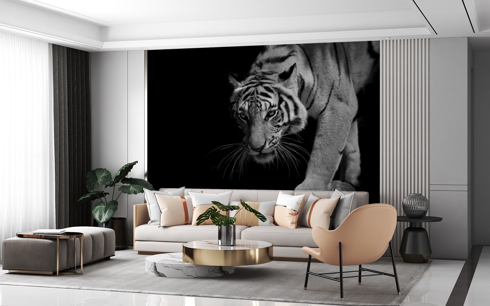 Papier peint tigre rampant sur fond d'obscurité