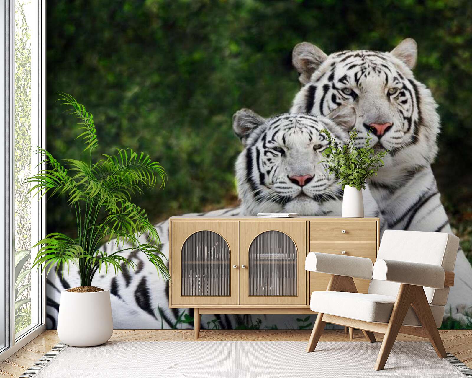 Papier peint dans la forêt vivent deux tigres blancs, mariés à des