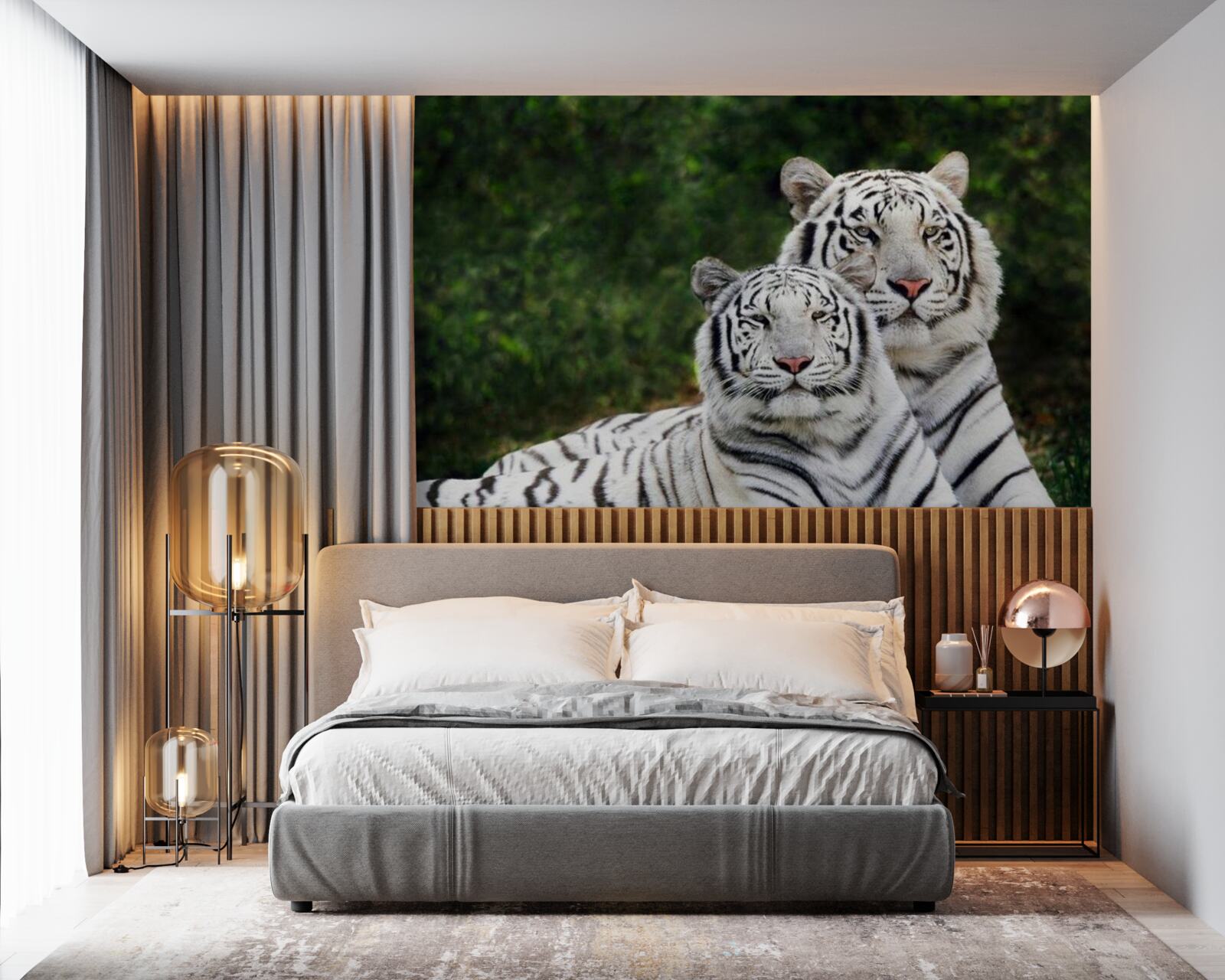 Papier peint dans la forêt vivent deux tigres blancs, mariés à des