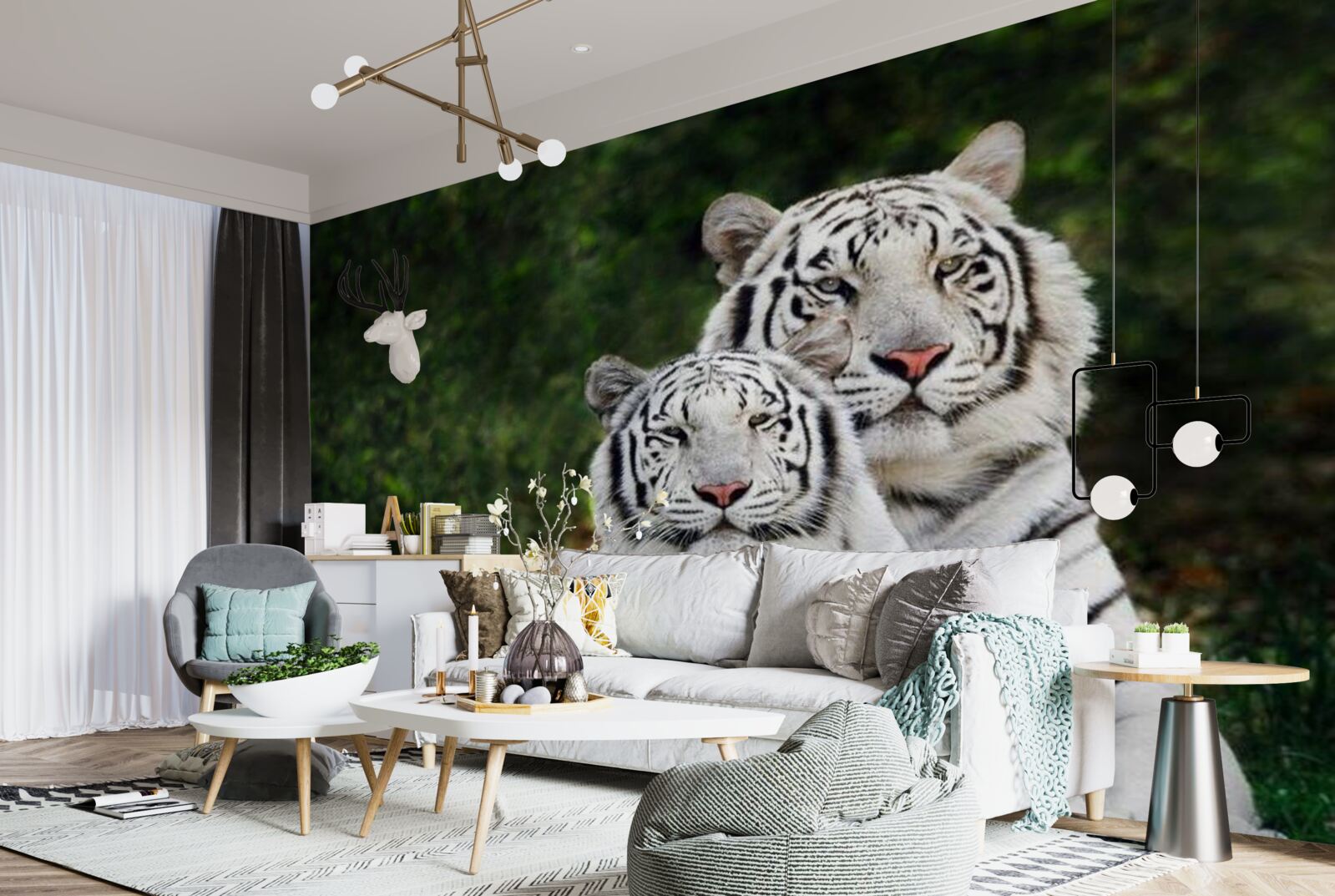 Papier peint dans la forêt vivent deux tigres blancs, mariés à des