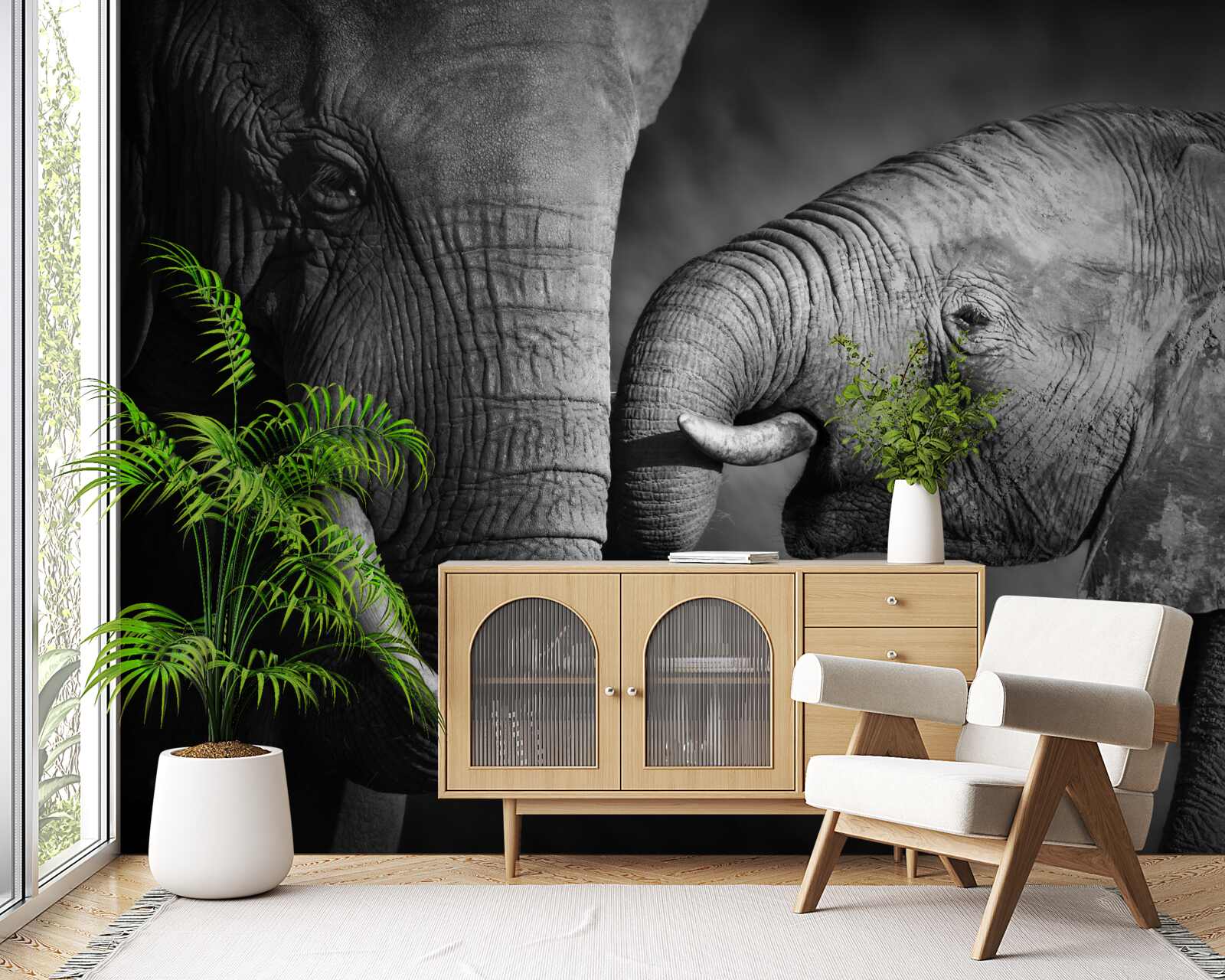 Papier peint L'éléphanteau et sa mère sont blancs et noirs