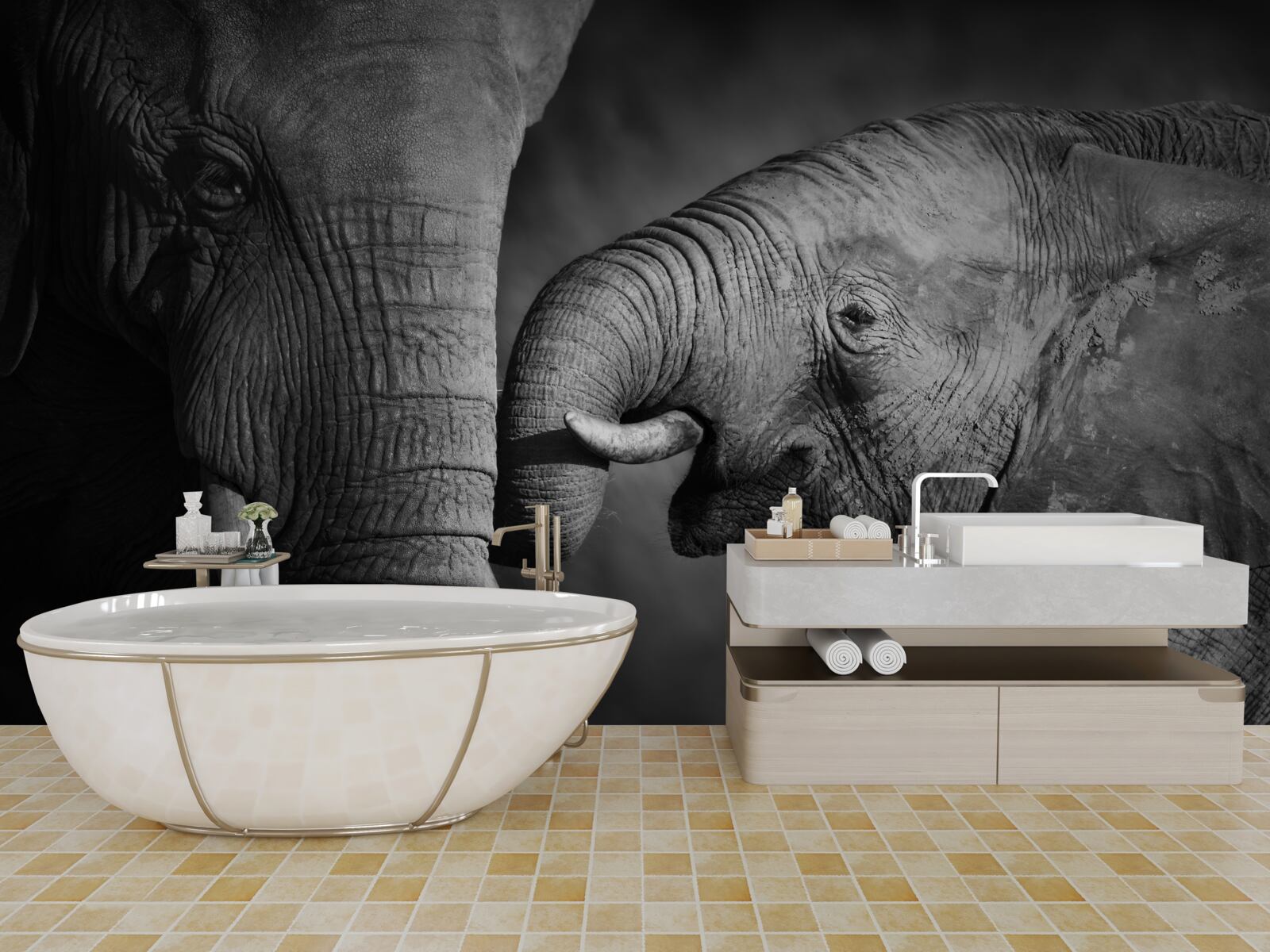 Papier peint L'éléphanteau et sa mère sont blancs et noirs