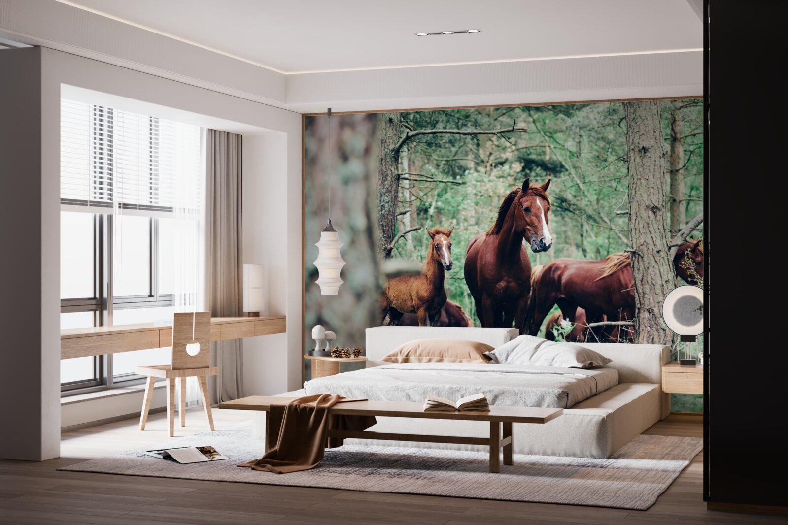 Papier peint promenade des chevaux dans la forêt au printemps