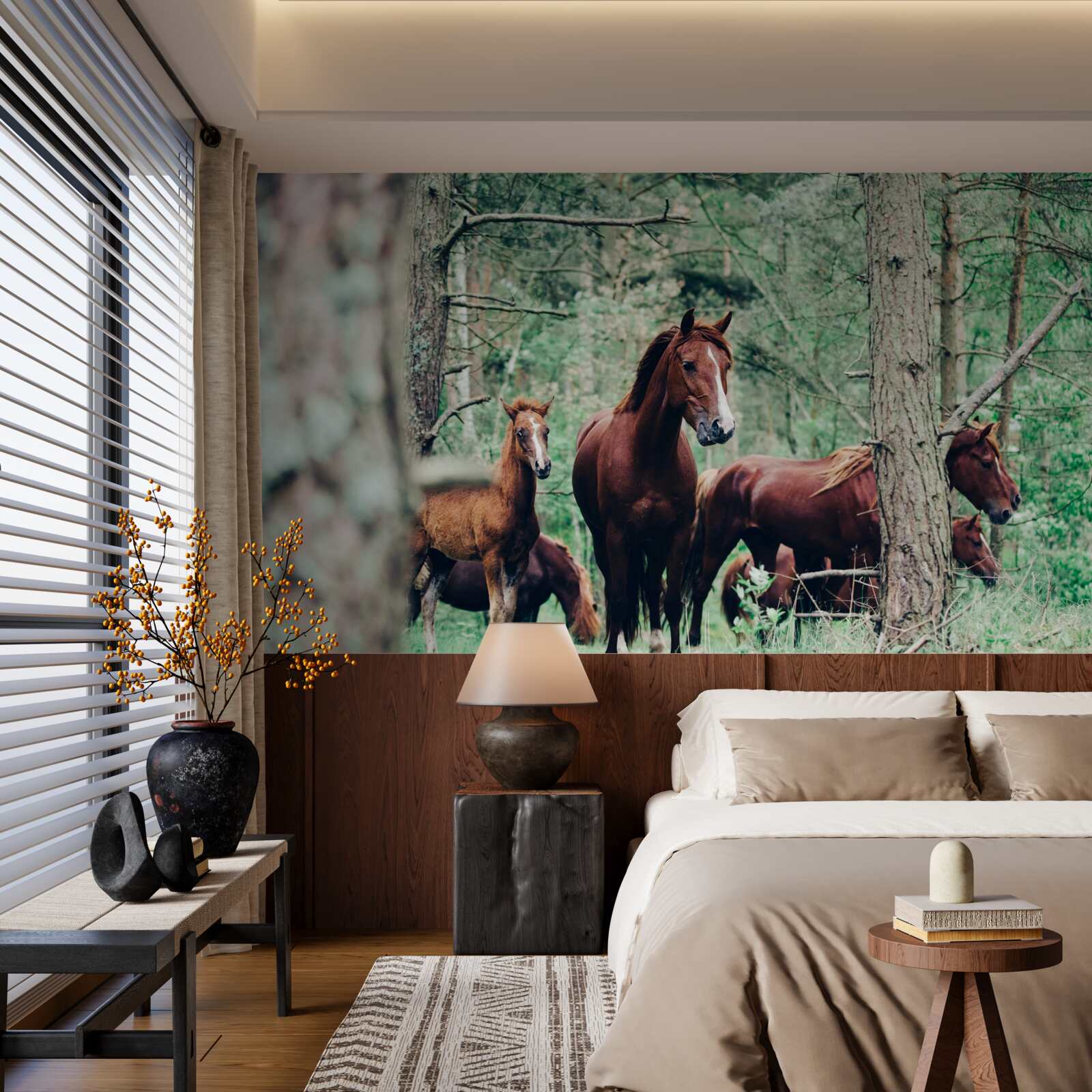 Papier peint promenade des chevaux dans la forêt au printemps