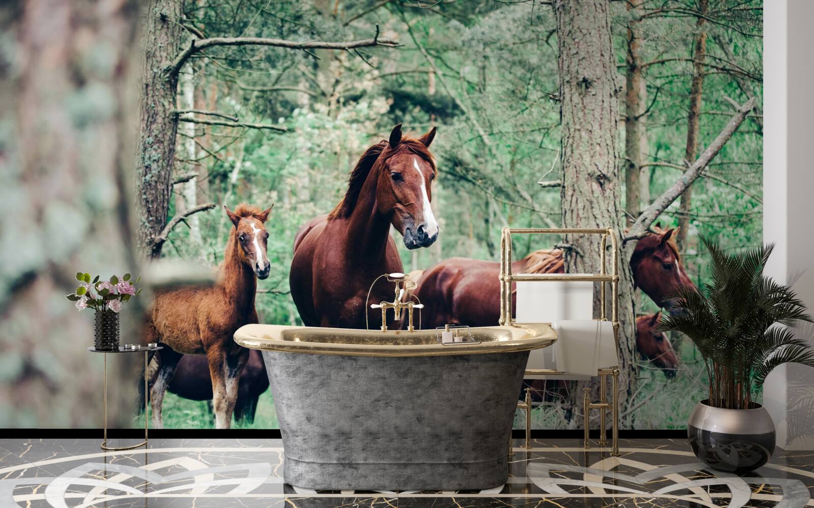 Papier peint promenade des chevaux dans la forêt au printemps