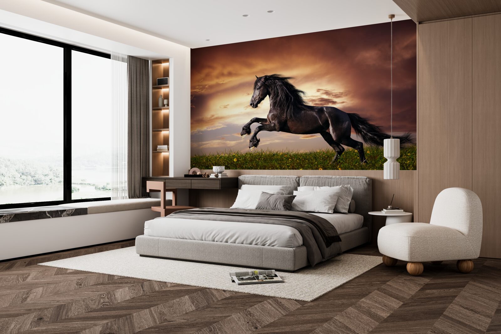 Papier peint cheval fort sautant sur l'herbe verte