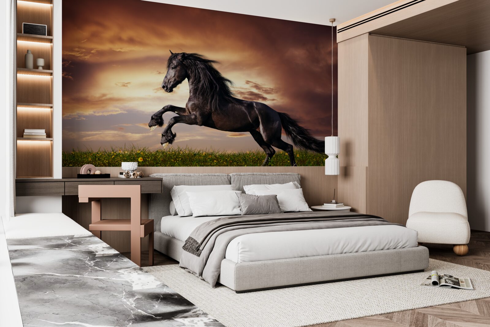 Papier peint cheval fort sautant sur l'herbe verte