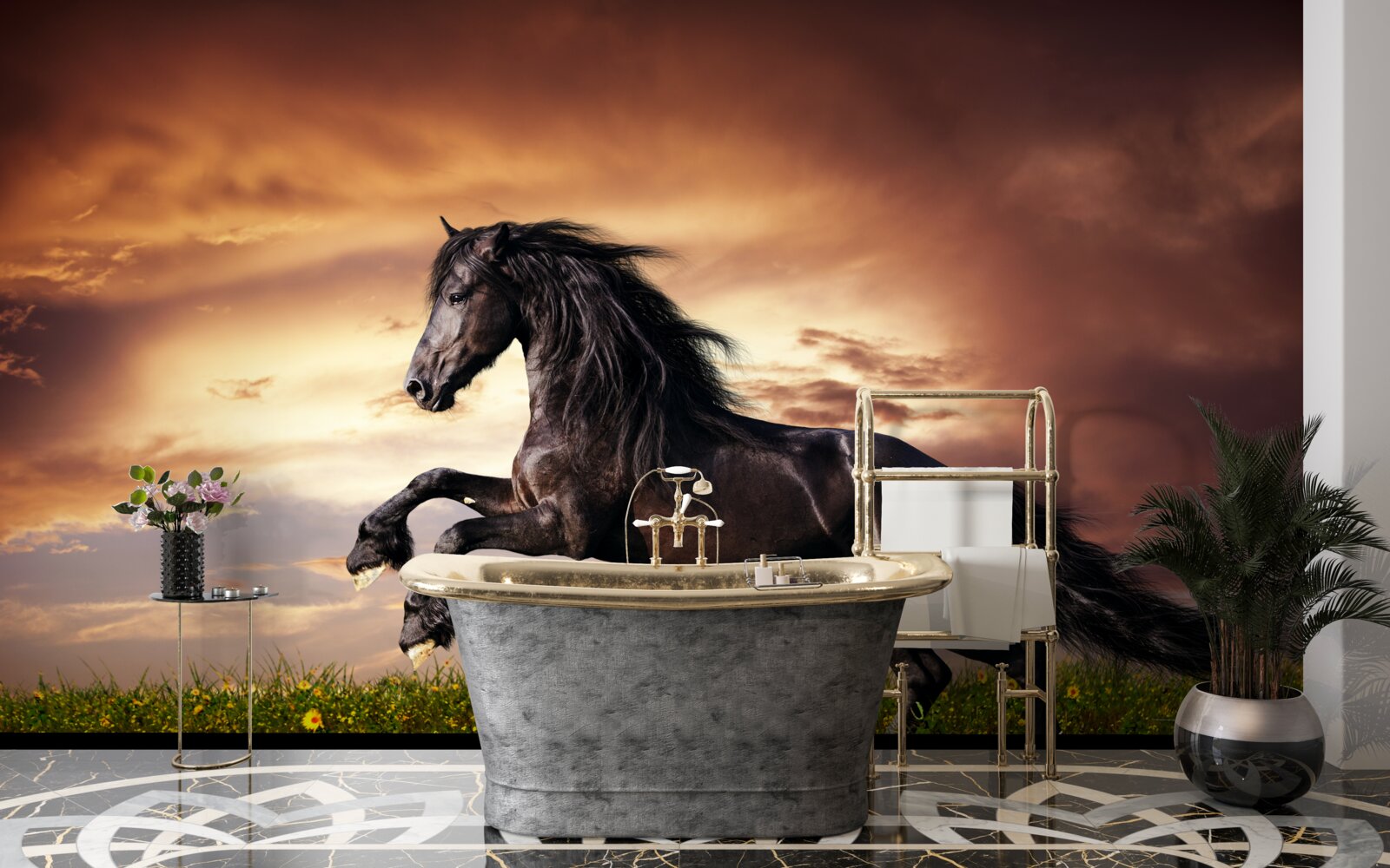 Papier peint cheval fort sautant sur l'herbe verte