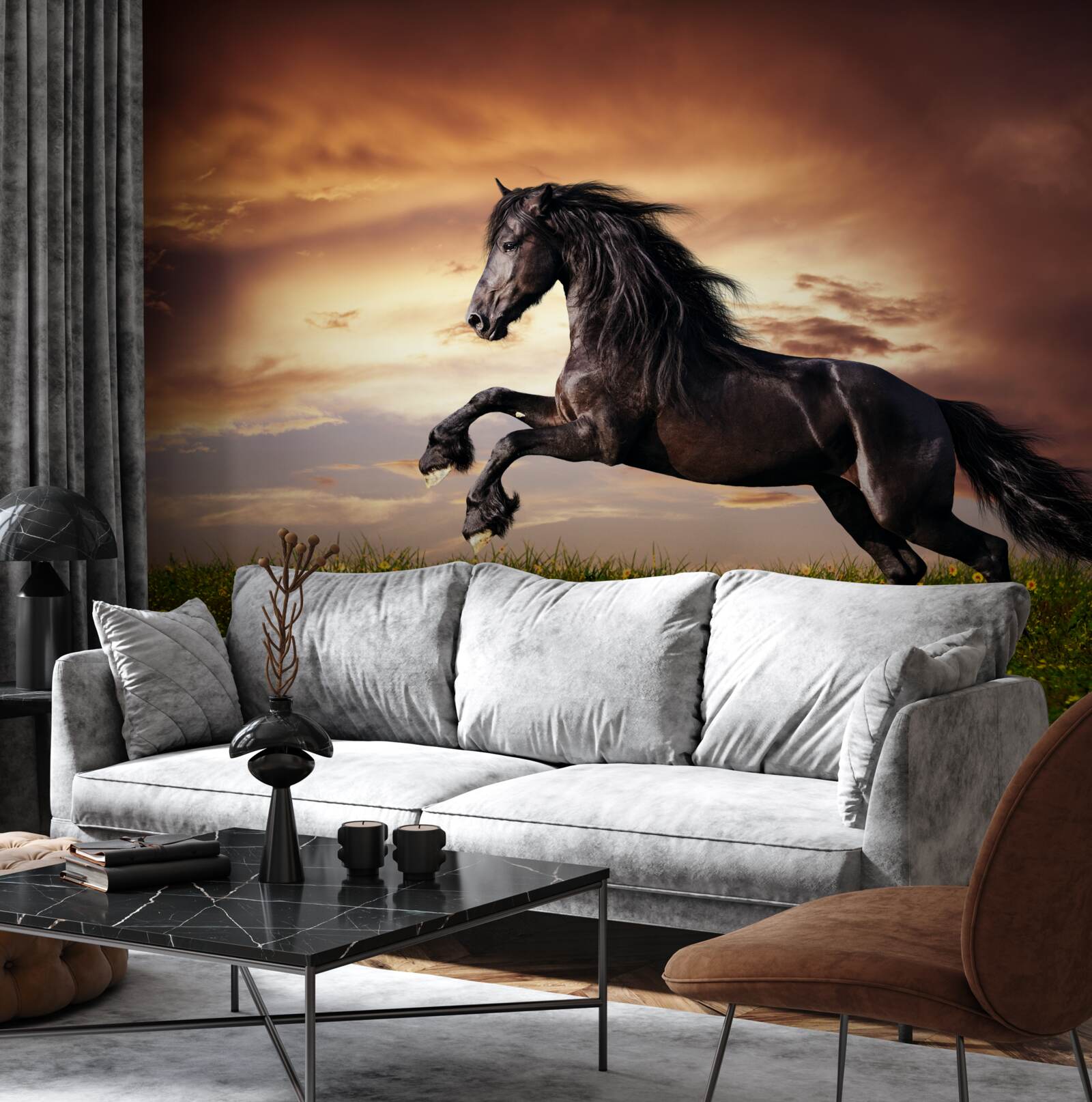Papier peint cheval fort sautant sur l'herbe verte