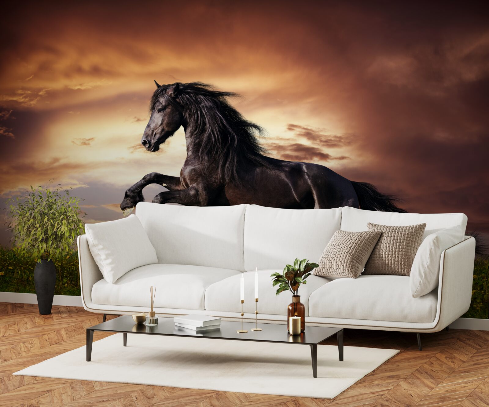 Papier peint cheval fort sautant sur l'herbe verte