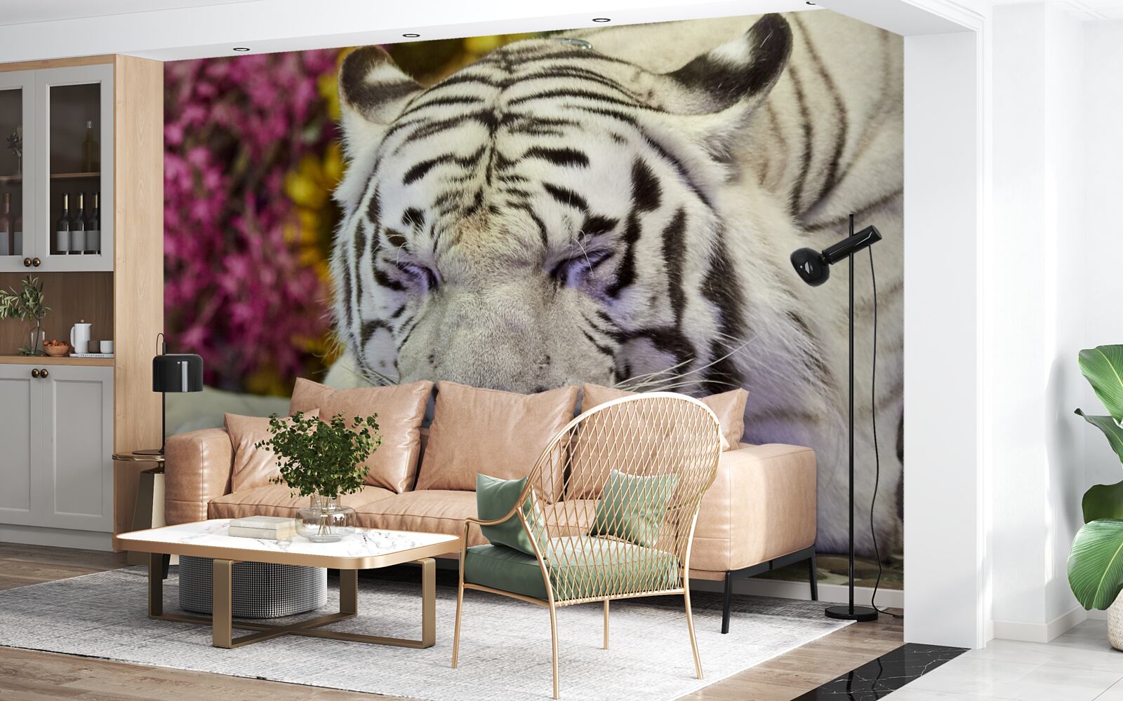 Papier peint un tigre blanc se repose parmi les fleurs