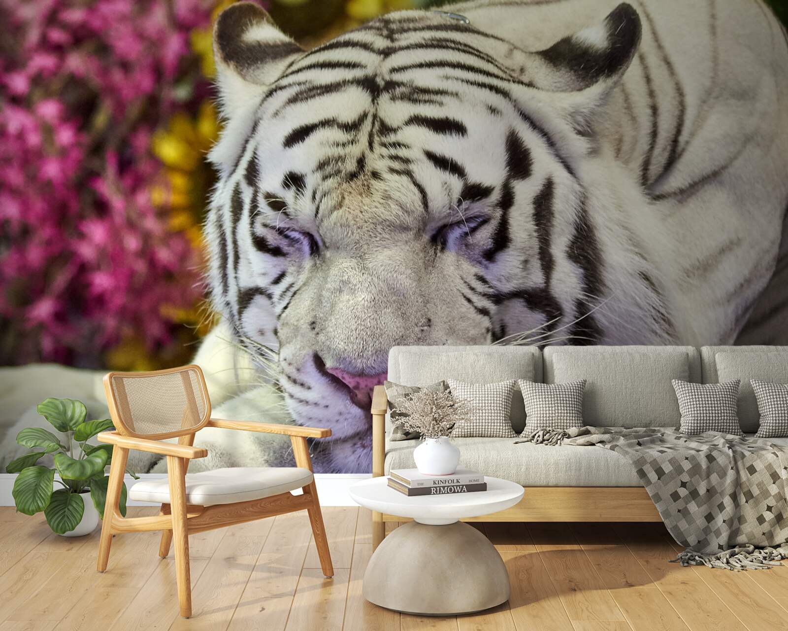 Papier peint un tigre blanc se repose parmi les fleurs