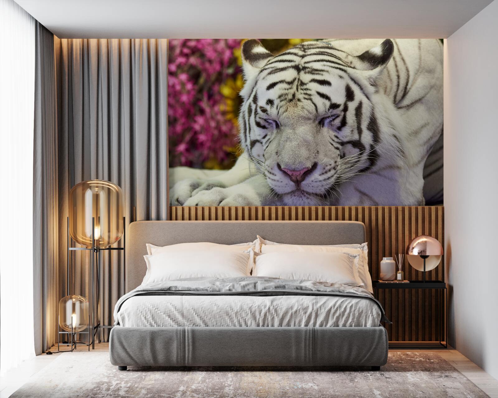 Papier peint un tigre blanc se repose parmi les fleurs