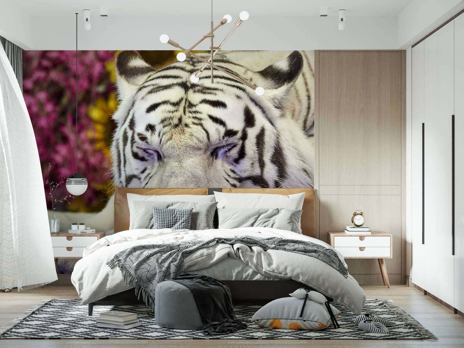 Papier peint un tigre blanc se repose parmi les fleurs
