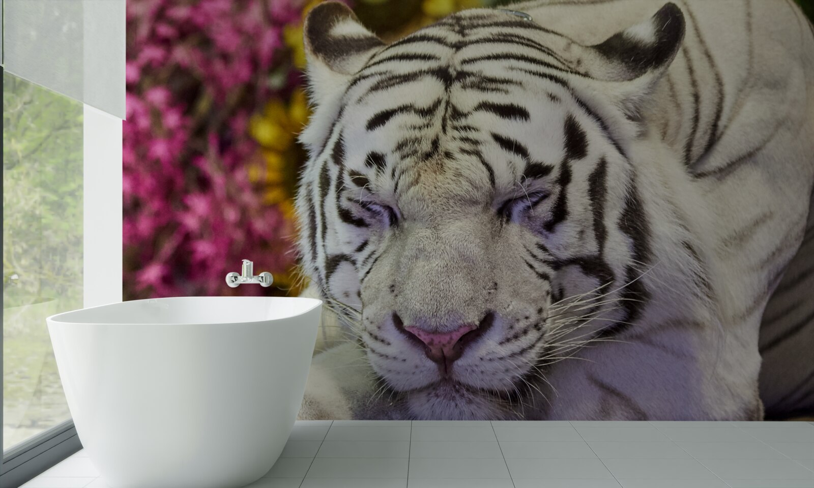 Papier peint un tigre blanc se repose parmi les fleurs
